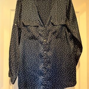 Calvin Klein Navy and White Polka Dot Button-Down Blouse